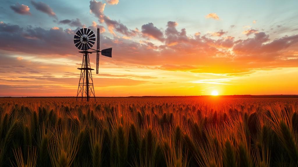 Kansas wheat fields at sunset with windmill — appliance repair service in Kansas