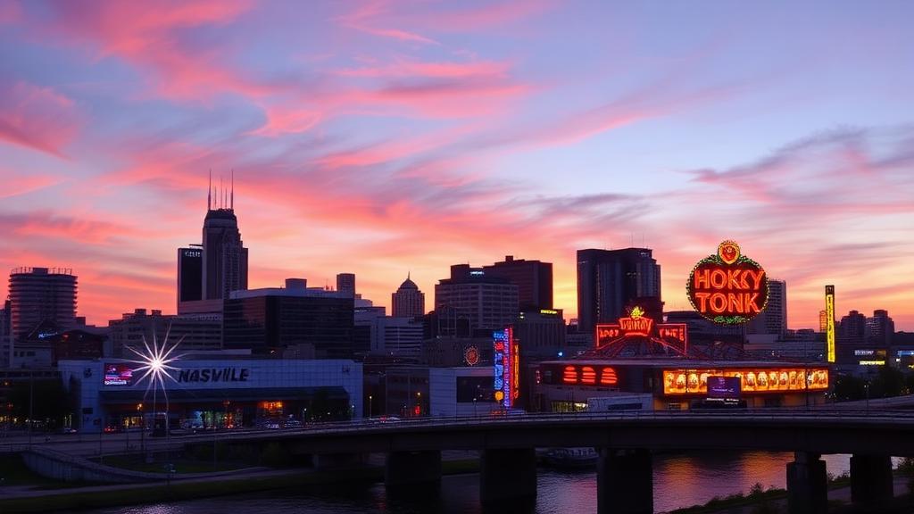 Nashville Tennessee honky tonk skyline at sunset — appliance repair service in Tennessee
